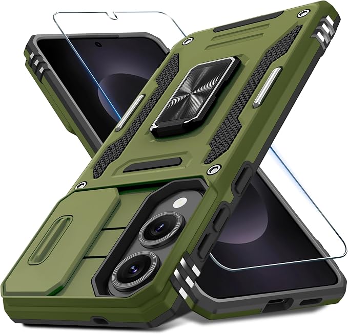 DEERLAMN Case for Samsung Galaxy S25 Edge with Slide Camera Cover+Screen Protector (1 Pack), Rotated Ring Kickstand Military Grade Shockproof Protective Cover-Olive Green