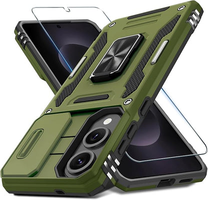 DEERLAMN Case for Samsung Galaxy S25 Edge with Slide Camera Cover+Screen Protector (1 Pack), Rotated Ring Kickstand Military Grade Shockproof Protective Cover-Olive Green