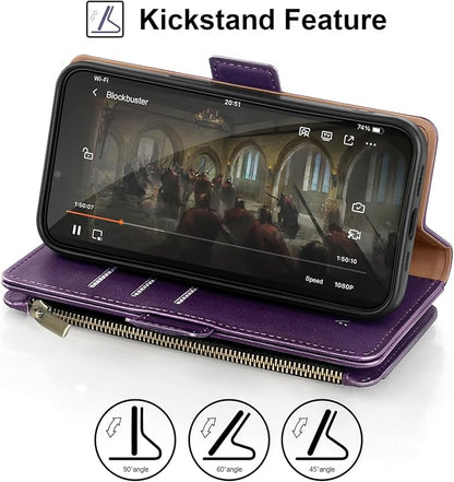 Antsturdy Compatible with iPhone 16 Plus Wallet Case,RFID Blocking PU Leather Phone Case Women Men Kickstand flip Cover Wrist Strap Zipper Credit Card Holder Slots for Apple 16 Plus 6.7",Purple