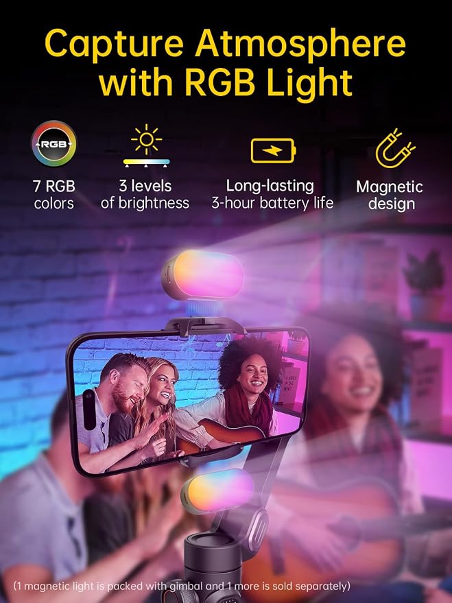 AOCHUAN 3-Axis Gimbal Stabilizer for iPhone Gimbal with RGB Magnetic Fill Light Upgraded Face Tracking Focus Wheel Foldable Smartphone for iPhone/Android Phone Stabilizer Vlog Recording Smart XE Kit