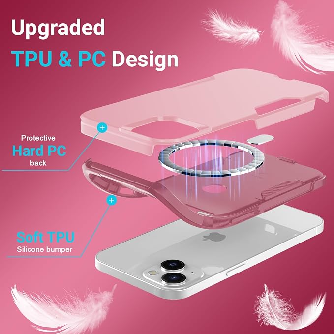jaroco for iPhone 13 Case & iPhone 14 Case & iPhone 15 Case [Heavy Duty Protection][Compatible with MagSafe][Military Grade Drop Protection][Shockproof] with Non-Slip Removable Phone Cover 6.1''-Pink
