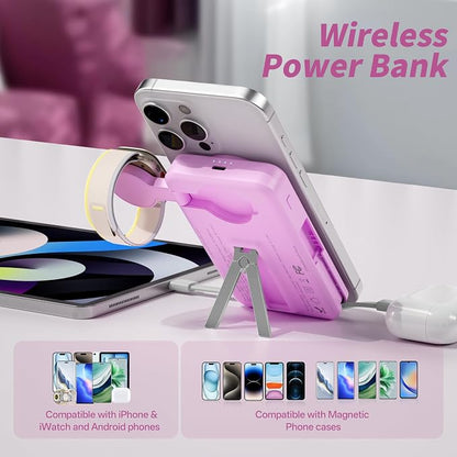 Magnetic Portable Charger Built-in Cables,10000mAh Fast Charging Wireless Charger Station External Battery Pack Slim Pocket Size Power Bank with Stand Compatible with iWatch, iPhone