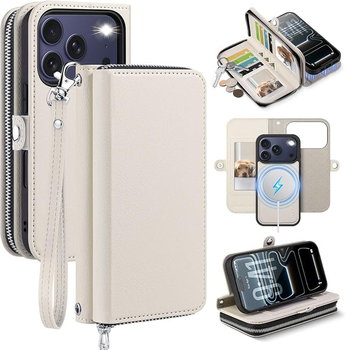 OCASE for iPhone 17 Pro Max Crossbody Detachable Wallet Case, PU Leather Handbag Phone Purse with Zipper Closure, Card Slots & RFID Blocking, Wrist Strap, Lanyard, Kickstand, Cream