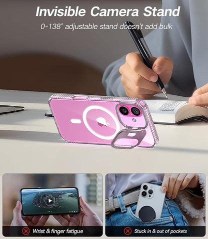 [Upgraded] for iPhone 16 Case with Camera Cover Stand [Fit for MagSafe][9H Camera Lens Protector] Mil-Grade Protection Transparent Magnetic iPhone 16 Phone Case, Clear