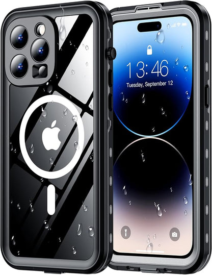 Red2Fire for iPhone 14 Pro Max Case Waterproof, [Built-in Screen Protector & Camera Protector][Compatible with MagSafe][Full Body Shockproof][IP68 Waterproof][Dustproof] Phone Case 6.7" Black/Clear