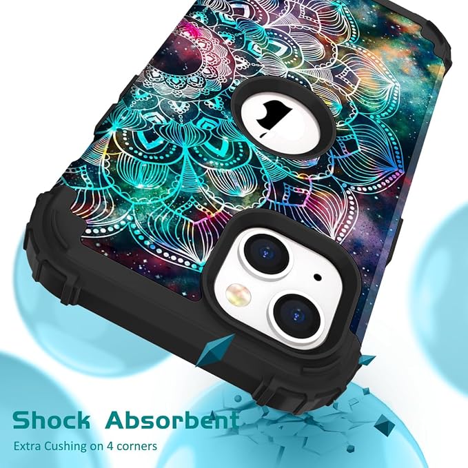 Hocase for iPhone 15 Case, Heavy Duty Shockproof Protection Soft Silicone Rubber Bumper+Hard Plastic Hybrid Protective Case for iPhone 15 (6.1" Display) 2023 - Mandala in Galaxy