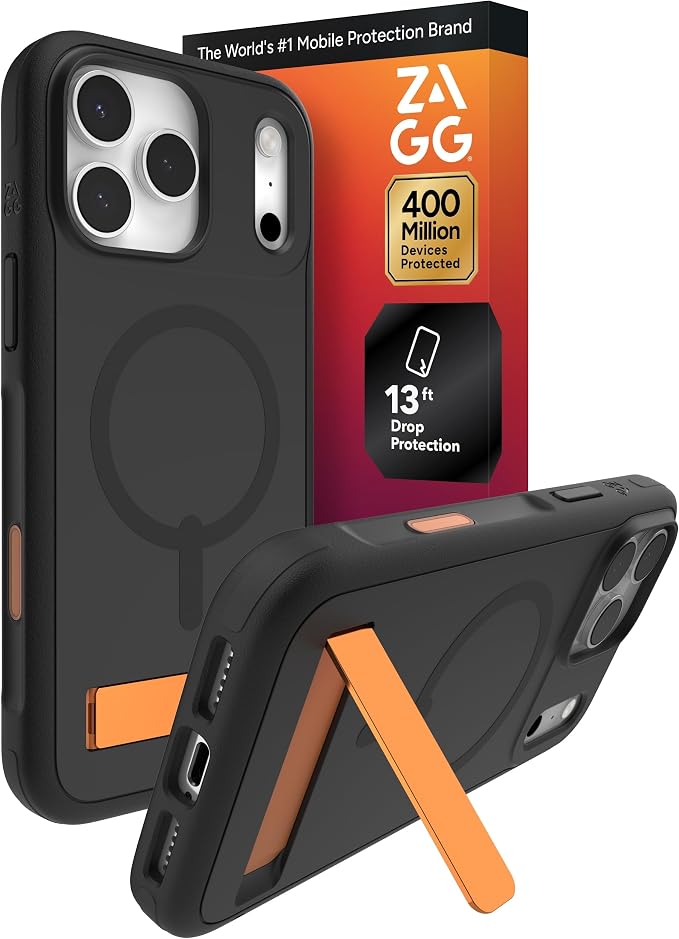 ZAGG Sedona Snap Case with Kickstand for iPhone 17 Pro Max - Flood Black, Drop Protection (13ft/4m), Multi-Layer Protection, with Camera Button, MagSafe Phone Case with Impact-Absorbing Bumpers