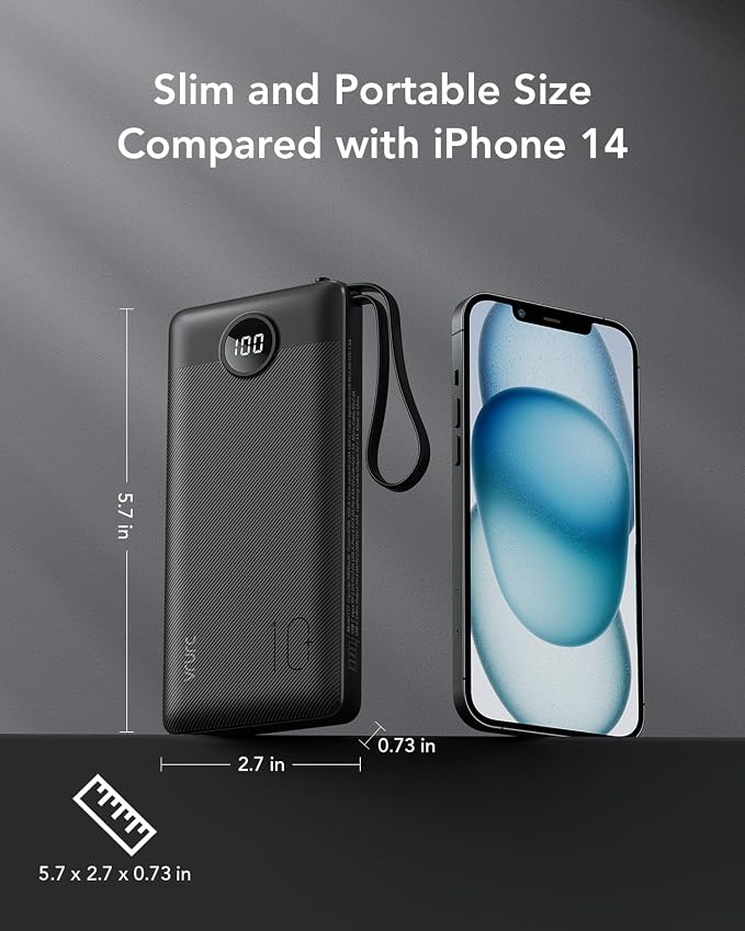 VRURC Portable Charger, 20W PD Fast Charging Power Bank Built in 4 Cables | 10000mAh Compact Portable Phone Charger, 5 Outpputs USB C Battery Pack for iPhone, Samsung & Multi Devices-Black(1 Pack)