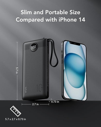 VRURC Portable Charger, 20W PD Fast Charging Power Bank Built in 4 Cables | 10000mAh Compact Portable Phone Charger, 5 Outpputs USB C Battery Pack for iPhone, Samsung & Multi Devices-Black(1 Pack)