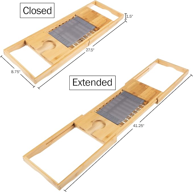 Bamboo Bathtub Tray - Wood Bath Caddy with Book, Phone, or Tablet Rest, Cup Holder, and Extended Sides for Bath Accessories by Lavish Home (Natural)