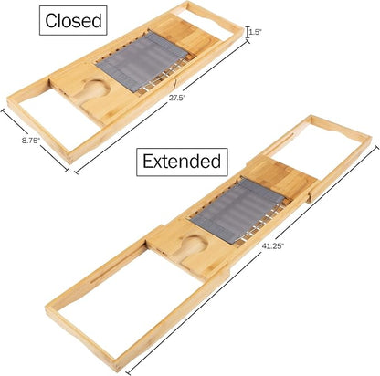 Bamboo Bathtub Tray - Wood Bath Caddy with Book, Phone, or Tablet Rest, Cup Holder, and Extended Sides for Bath Accessories by Lavish Home (Natural)