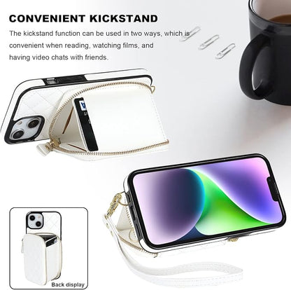 Bocasal Crossbody Wallet Case for iPhone 13, RFID Blocking PU Leather Zipper Handbag Purse Flip Cover, Kickstand Folio Case with Card Slots Holder Wrist Strap Lanyard 5G 6.1 Inch (White)