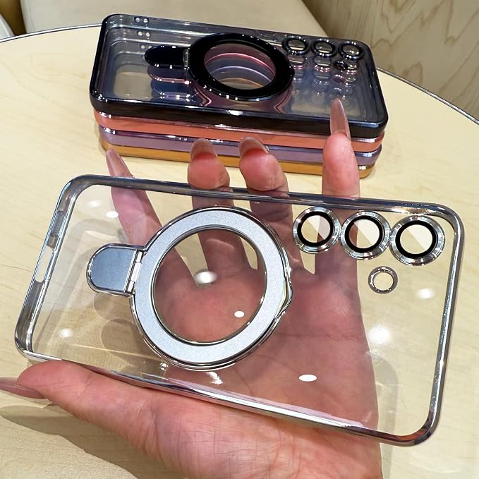 Magnetic Case for Samsung Galaxy S25 Case Stand & Ring Holder Compatible with MagSafe Built-in Camera Lens Protector Shockproof Phone Case for Samsung S25 - Silver