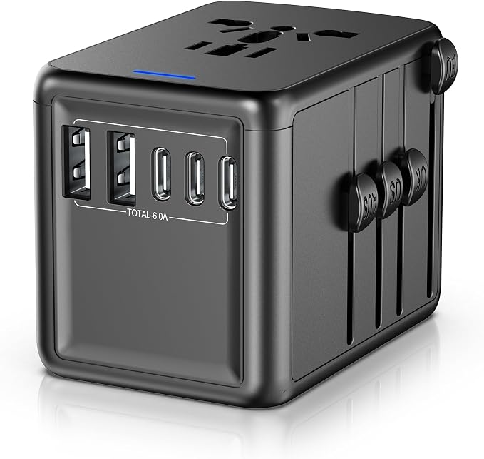 Universal Travel Adapter, 30W 6.0A for Europe UK US 200+ Countries | 5 USB C/A Ports, 2500W AC Outlet, Multi Plugs 110V 220V A/C, International Power Adapter for Phone Laptop & All USB Devices