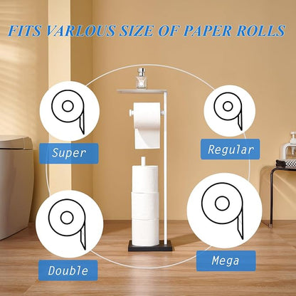 Freestanding Toilet Paper Holder Stand–Stainless Steel Bathroom Tissue Holder with Storage Tray & Roll Organizer (White & Black)