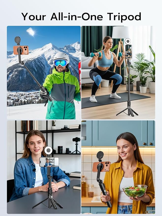 USKEYVISION Magnetic Selfie Stick Tripod with Light & Remote, Phone Tripod with Magnetic Holder for Magsafe, 360° Rotatable Cellphone Stand for iPhone/Android for Video Recording, Vlogging(SPT-02)
