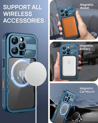 Lanhiem Magnetic for iPhone 16 Pro Case, IP68 Waterproof Dustproof Case, [Compatible with Magsafe] [Built-in Screen Protector] Full Body Heavy Duty Rugged Phone Cover 6.3 inch, Blue/Clear