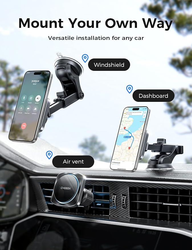 CHGeek for 15W Magsafe Car Mount Charger, Wireless Car Charger Magnetic Car Phone Holder Mount Fit iPhone 16 15 14 13 12 Magsafe Case, Vent/Windshield/Dash Phone Mount Holder Fast Cooling Charger
