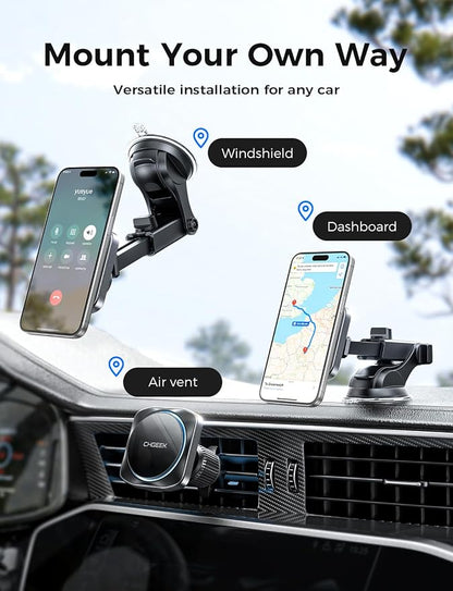 CHGeek for 15W Magsafe Car Mount Charger, Wireless Car Charger Magnetic Car Phone Holder Mount Fit iPhone 16 15 14 13 12 Magsafe Case, Vent/Windshield/Dash Phone Mount Holder Fast Cooling Charger