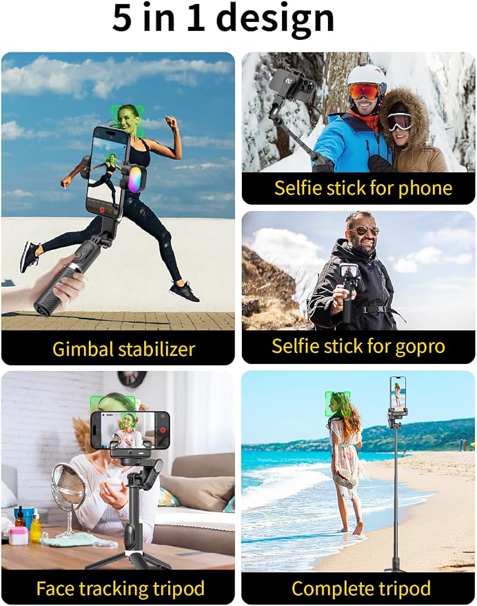 AOCHUAN Gimbal Stabilizer for Smartphone, 4 in 1 Phone Gimbal w/360° Rotation for iPhone/Andriod Sefie Stick Tripod w/Auto Face Tracking and Wireless Remote for TIK Tok YouTube Vlogging-M1 Pro Black