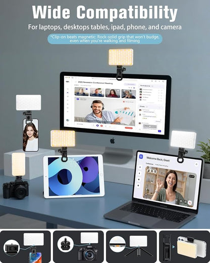 168 LED Portable Selfie Light Video Conference Light with Front & Back Clip, Rechargeable 3 Light Modes for Phone, iPhone, Android, iPad, Camera, Laptop, Makeup, Tiktok, Vlog(White)
