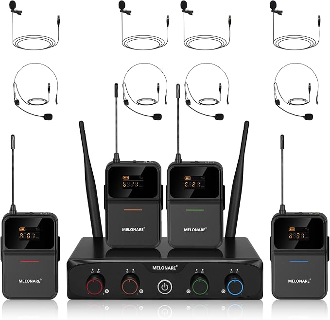 4-Channel Wireless Microphone System,UHF Compact Cordless Mic Set w/ 4x10 Frequencies, 200ft Range, 4 Bodypacks & Headset/Lapel Microphones for Singing, Church, Conference (MWM-41-4B)