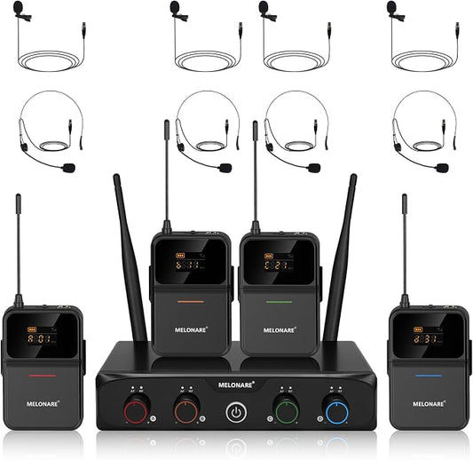 4-Channel Wireless Microphone System,UHF Compact Cordless Mic Set w/ 4x10 Frequencies, 200ft Range, 4 Bodypacks & Headset/Lapel Microphones for Singing, Church, Conference (MWM-41-4B)