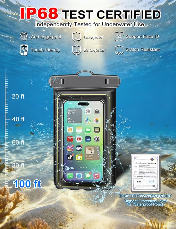 Famoby 4 Pack IP68 Waterproof Phone Pouch (2 Pack Floating and 2 Pack Sinking Waterproof Phone Pouch) Adjustable Neck Lanyard Dry Bag for Apple iPhone,Samsung,and up to 8.5" Black,White