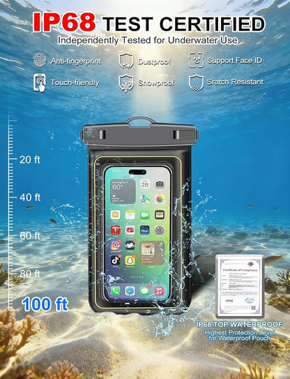 Famoby 4 Pack IP68 Waterproof Phone Pouch (2 Pack Floating and 2 Pack Sinking Waterproof Phone Pouch) Adjustable Neck Lanyard Dry Bag for Apple iPhone,Samsung,and up to 8.5" Black,White