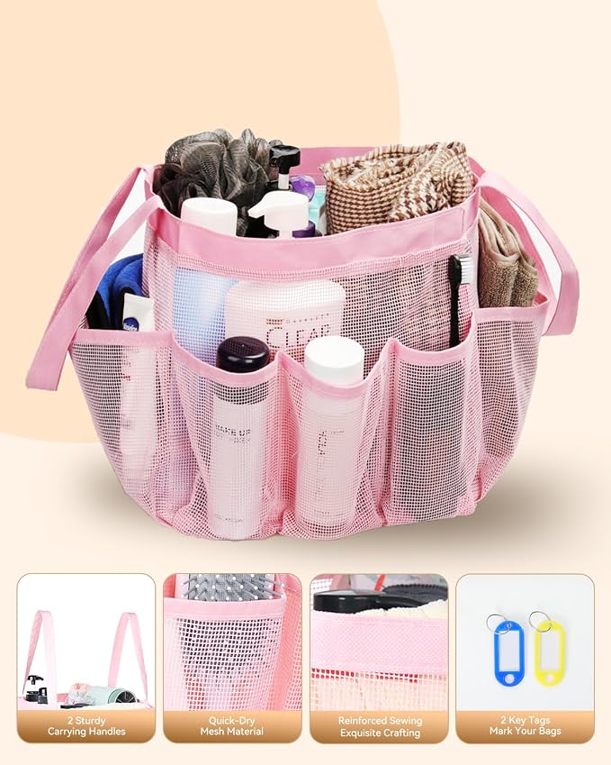 Temede Mesh Shower Caddy Tote, Large Shower Caddy Basket Portable, Quick Dry Hanging Toiletry Bag, 8 Storage Pocket Bath Organizer for College Dorm, Gym, Camp, Travel (Pink)
