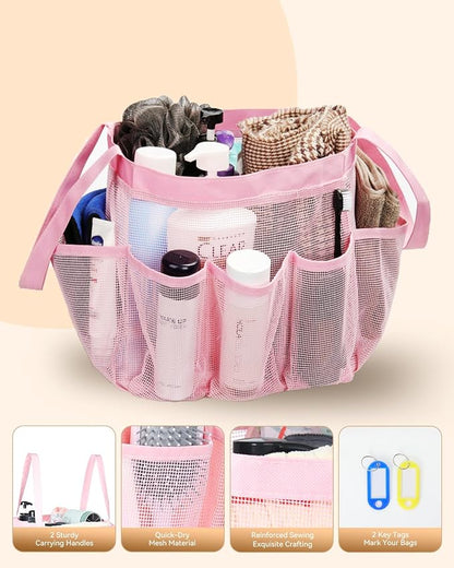 Temede Mesh Shower Caddy Tote, Large Shower Caddy Basket Portable, Quick Dry Hanging Toiletry Bag, 8 Storage Pocket Bath Organizer for College Dorm, Gym, Camp, Travel (Pink)