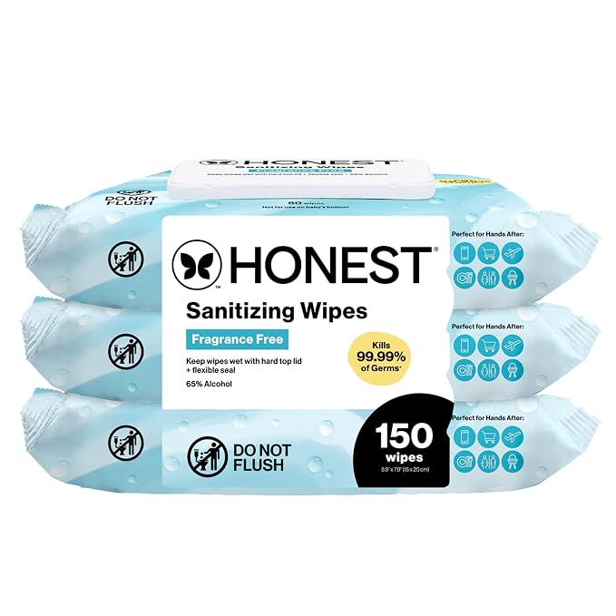 The Honest Company Fragrance-Free Sanitizing Alcohol Wipes, Antibacterial with Aloe, Kills 99% of Germs, 150 Count