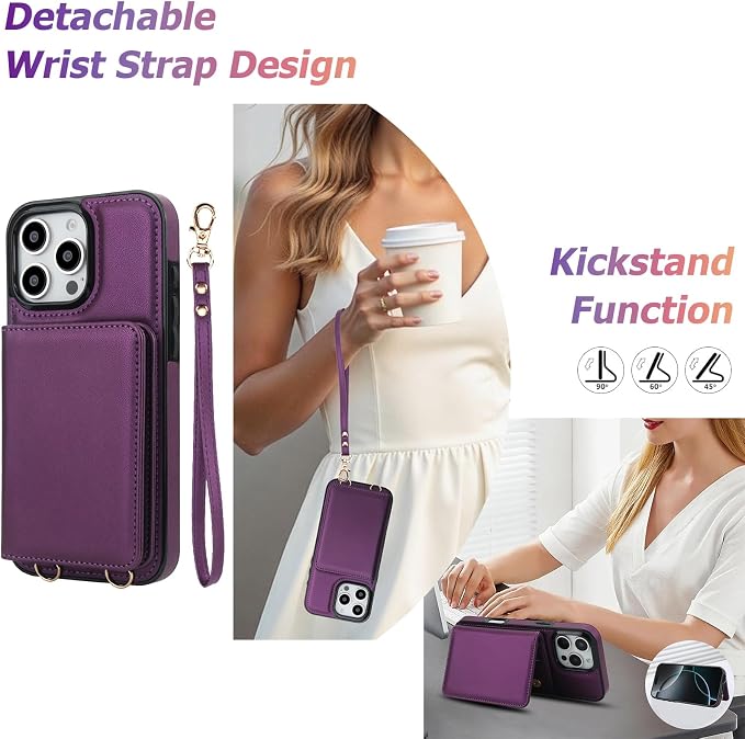 LOHASIC for iPhone 16 Pro Max Case Wallet with Detachable Crossbody Strap & Wrist Lanyard, RFID Blocking, 4 Card Slots 2 Cash Pockets, Vegan Leather Case with Card Holder for Women Girls, Purple