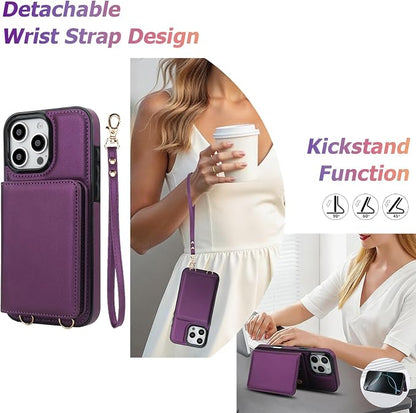 LOHASIC for iPhone 16 Pro Max Case Wallet with Detachable Crossbody Strap & Wrist Lanyard, RFID Blocking, 4 Card Slots 2 Cash Pockets, Vegan Leather Case with Card Holder for Women Girls, Purple