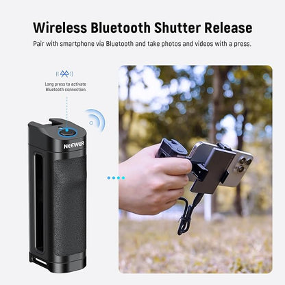 NEEWER Bluetooth Side Handle Shutter Release with 2.2"-3.2"/55-82mm 360° Phone Clamp & SSD Holder, Cold Shoes, 100mAh Rechargeable Battery Compatible with iPhone Samsung T5/T7/T9 SSD, PA028E
