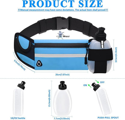 Fanny Pack with Water Bottle Holder for Running Hiking Hydration Marathon Exercise Outdoor, Slim Running Belt for Men Waterproof Waist Bag for Women Girls Kids Cell Phone iPhone Carrier Blue