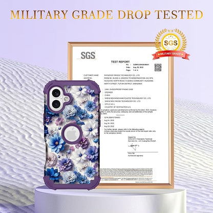 Hocase for iPhone 17 Case 6.3", Heavy Duty Shockproof Protection Soft Silicone Rubber+Hard Plastic Bumpers Hybrid Protective Case for iPhone 17 2025 - Blue Purple Flowers