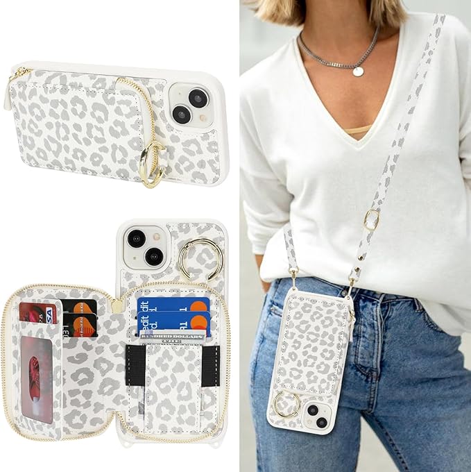 Crossbody Wallet Case for iPhone 14 Plus, PU Leather Zipper Handbag Purse Flip Cover, Kickstand Folio Case with Card Slots Holder Wrist Strap Lanyard 5G 6.7 Inch-White Leopard