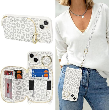 Crossbody Wallet Case for iPhone 14 Plus, PU Leather Zipper Handbag Purse Flip Cover, Kickstand Folio Case with Card Slots Holder Wrist Strap Lanyard 5G 6.7 Inch-White Leopard