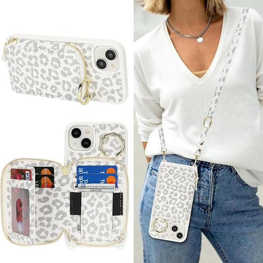 Crossbody Wallet Case for iPhone 14 Plus, PU Leather Zipper Handbag Purse Flip Cover, Kickstand Folio Case with Card Slots Holder Wrist Strap Lanyard 5G 6.7 Inch-White Leopard