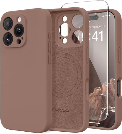 Magnetic for iPhone 16 Pro Case, Compatible with MagSafe, [Full Camera Protection][Screen Protector] Silicone Shockproof Protective Phone Case for iPhone 16 Pro 6.3", Brown