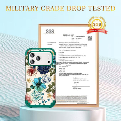 Hocase for iPhone 17 Pro Max Case, Heavy Duty Shockproof Protection Soft Silicone Rubber+Hard Plastic Bumpers Hybrid Protective Case for iPhone 17 Pro Max 2025 - Teal Flowers