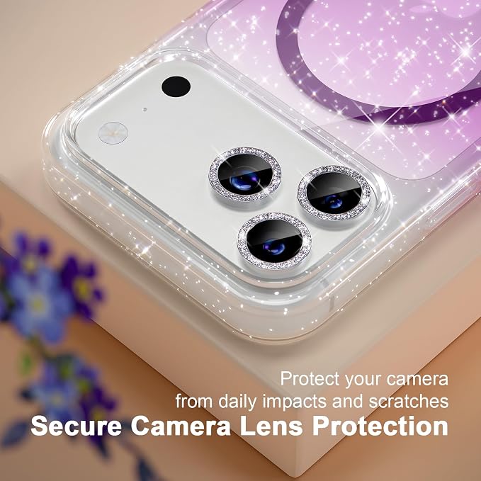 Choiche Magnetic for iPhone 17 Pro Case Compatible with MagSafe, Women Cute Glitter Sparkly Phone Case with Diamond Camera Lens Protectors, Military-Grade Drop Protection 6.3" (Clear/Purple)