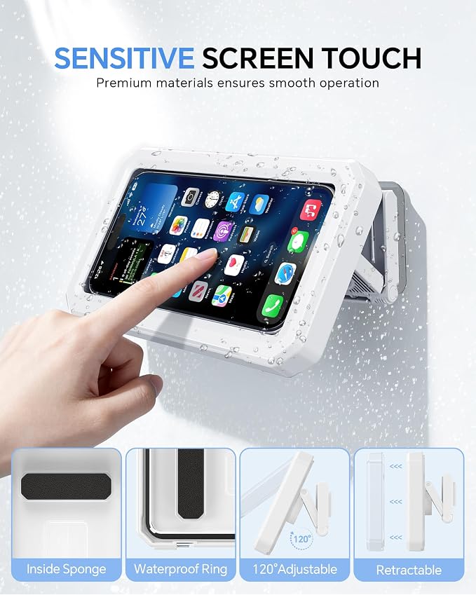 Shower Phone Holder Waterproof - 480° Rotatable Retractable Adjustable Phone Case for Shower - Bathroom Accessories Wall Mount Phone Holder for iPhone 17/16 Pro Max, S25 Ultra,4-7" Cellphones