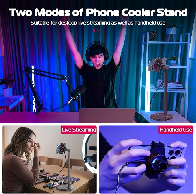 ULANZI SK-06 Cell Phone Stand with Phone Cooler, Desktop Phone Live Streaming Solution with Phone Cooling Fan, Height Adjustable Phone Cooler Stand Compatible with All Mobile Phones, iPhone & Android