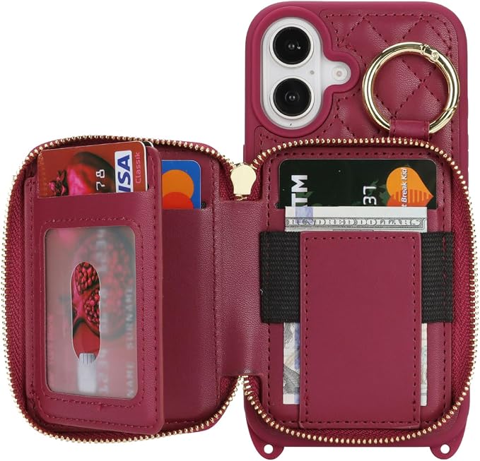 Crossbody Wallet Case for iPhone 17, PU Leather Zipper Handbag Purse Flip Cover, Kickstand Folio Case with Card Slots Holder Wrist Strap Lanyard 5G 6.3 Inch-Dark red
