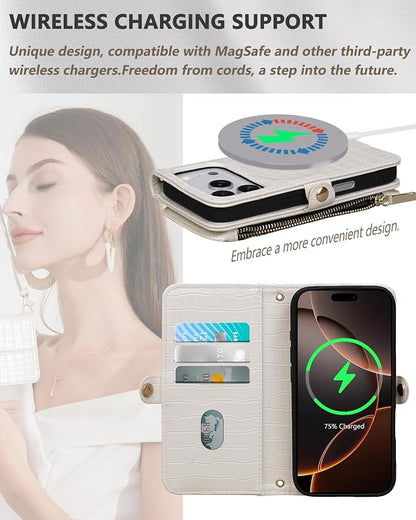 Crossbody Wallet Case for iPhone 17 Pro with Mirror, Wrist Strap, Zipper Purse Magnetic Flip, RFID Blocking Card Holder, Wireless Charging, PU Leather Shockproof 6.3" Women (White)
