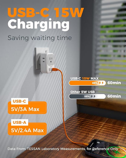 TESSAN UK Adapters for Travel, Type G Adaptor, 2 Pack | 4 Outlets 3 USB (1 USB C PD 20W), USA to Ireland Scotland Dubai Hong Kong England British Kenya London
