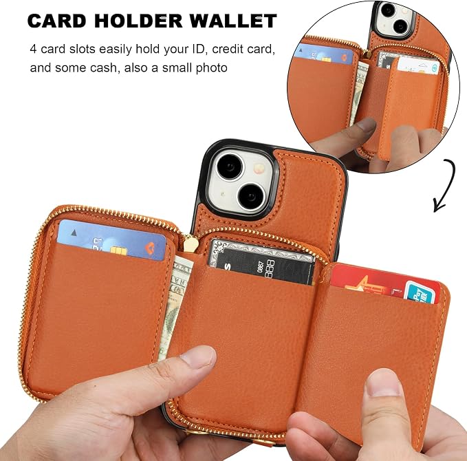 Bocasal RFID Blocking Wallet Case for iPhone 15, Adjustable Crossbody Zipper Purse Case Card Holder with Kickstand Detachable Wrist Strap, PU Leather Flip Folio Case 6.1 Inch 5G (Brown)