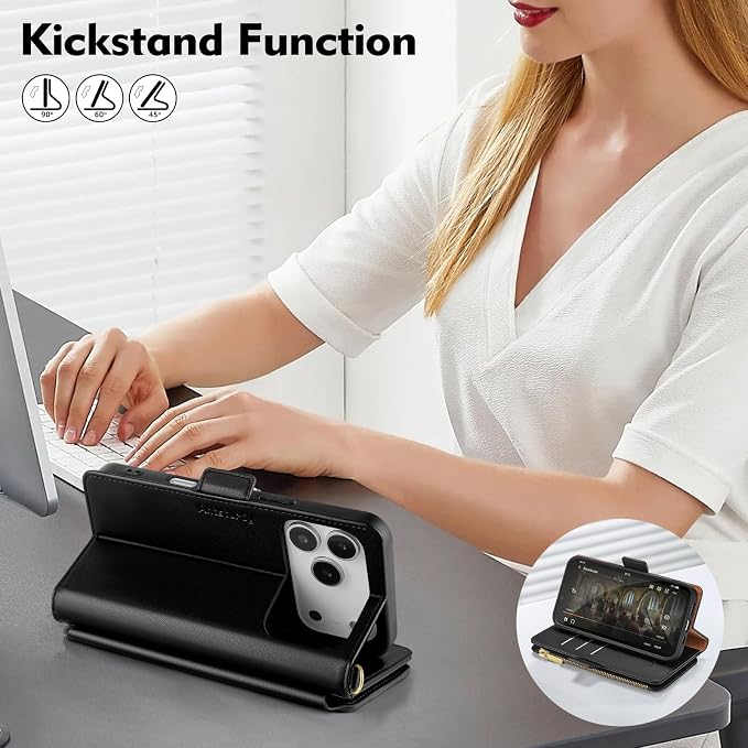 Antsturdy Compatible with iPhone 17 Pro Wallet Case Women,RFID Blocking PU Leather Phone Case Men Kickstand Flip Cover Wrist Strap Zipper Credit Card Holder Slots for Apple 17 Pro 6.3",Black